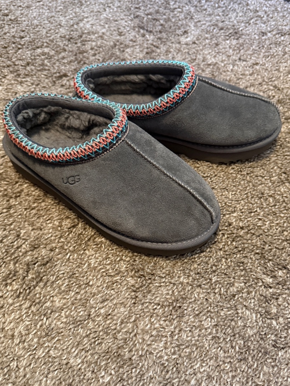 UGG Women's Charcoal Suede Slip-Ons with Multicolored Trim